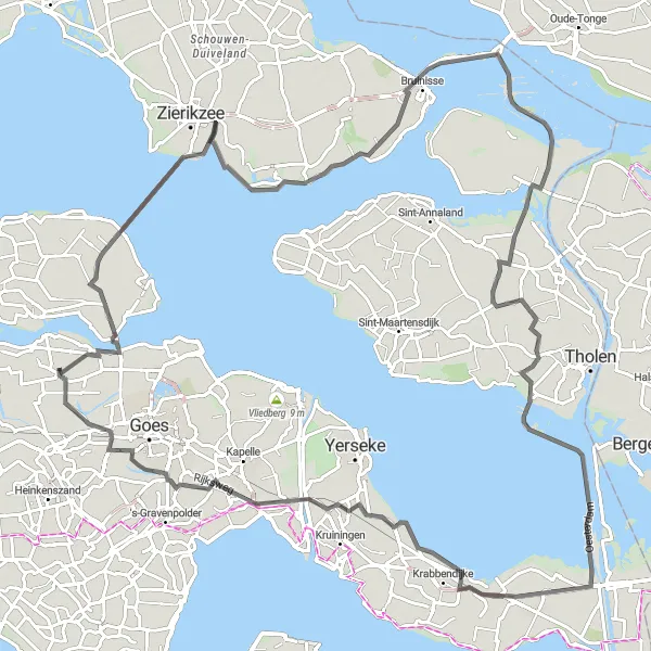 Map miniature of "Coastal Delights: Islands and Sluices of Zeeland" cycling inspiration in Zeeland, Netherlands. Generated by Tarmacs.app cycling route planner