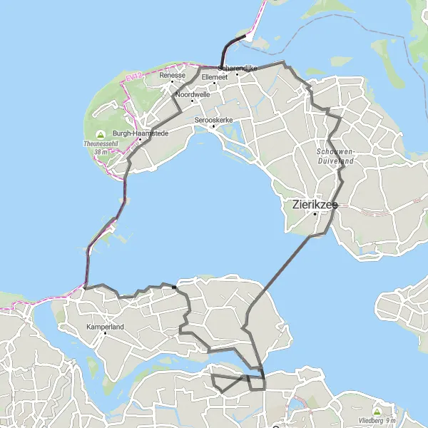 Miniatuurkaart van de fietsinspiratie "Fietsroute via Kortgene en Neeltje Jans" in Zeeland, Netherlands. Gemaakt door de Tarmacs.app fietsrouteplanner