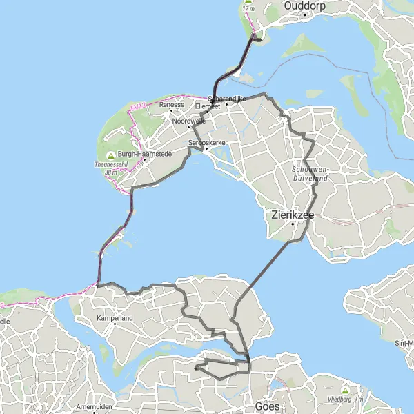 Map miniature of "The Neeltje Jans Loop" cycling inspiration in Zeeland, Netherlands. Generated by Tarmacs.app cycling route planner