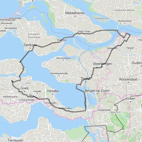 Map miniature of "Zeeland Barriers and Dikes" cycling inspiration in Zeeland, Netherlands. Generated by Tarmacs.app cycling route planner