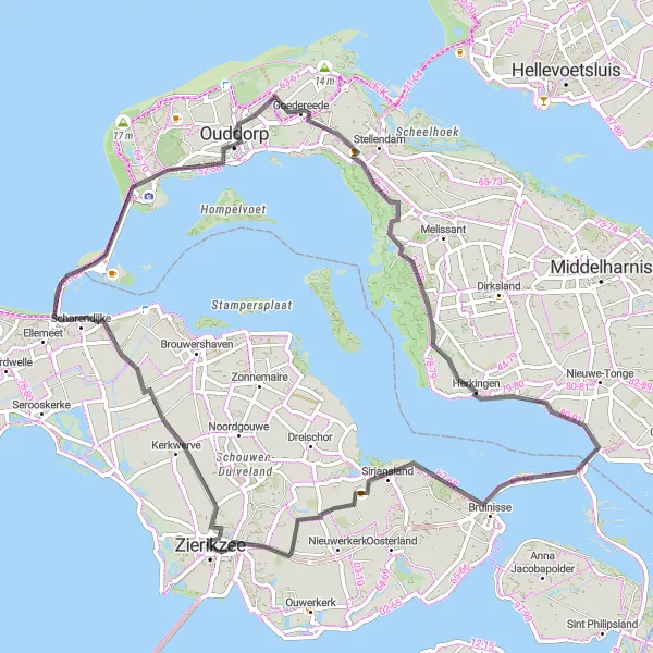 Map miniature of "Coastal Delight" cycling inspiration in Zeeland, Netherlands. Generated by Tarmacs.app cycling route planner