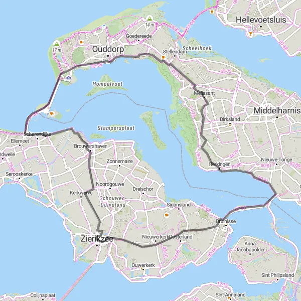 Miniatuurkaart van de fietsinspiratie "Rondje Zierikzee - Slikken van Flakkee" in Zeeland, Netherlands. Gemaakt door de Tarmacs.app fietsrouteplanner