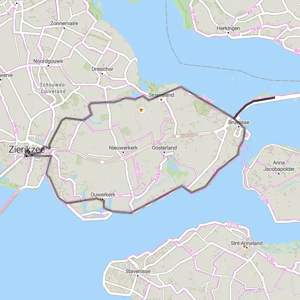 Miniatuurkaart van de fietsinspiratie "Zierikzee naar bruinisse" in Zeeland, Netherlands. Gemaakt door de Tarmacs.app fietsrouteplanner