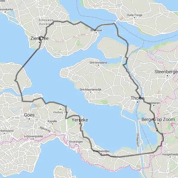 Map miniature of "Historical Route" cycling inspiration in Zeeland, Netherlands. Generated by Tarmacs.app cycling route planner