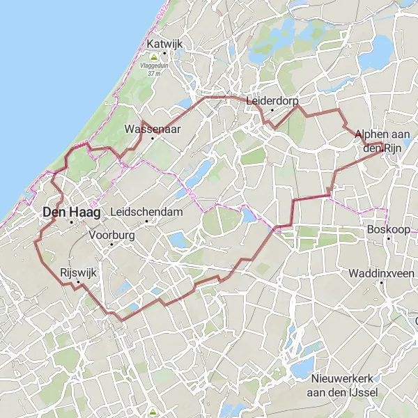 Map miniature of "Alphen aan den Rijn - Delft Loop" cycling inspiration in Zuid-Holland, Netherlands. Generated by Tarmacs.app cycling route planner