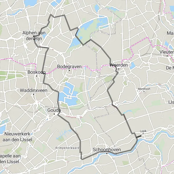 Miniatuurkaart van de fietsinspiratie "Wegroute door het Groene Hart van Nederland" in Zuid-Holland, Netherlands. Gemaakt door de Tarmacs.app fietsrouteplanner