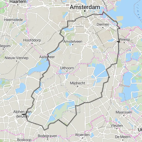 Map miniature of "Alphen aan den Rijn - Utrecht Loop" cycling inspiration in Zuid-Holland, Netherlands. Generated by Tarmacs.app cycling route planner
