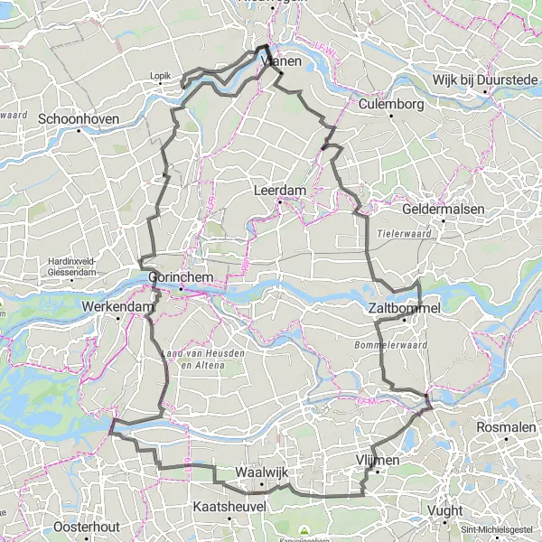 Miniatuurkaart van de fietsinspiratie "Fietsen door Vianen, Ammerzoden en Waspik" in Zuid-Holland, Netherlands. Gemaakt door de Tarmacs.app fietsrouteplanner