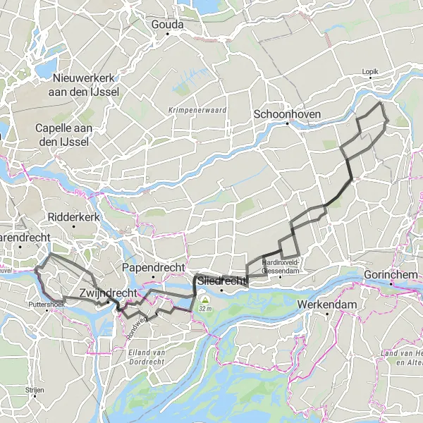 Miniatuurkaart van de fietsinspiratie "Hoogewaard - Giessen-Oudekerk Fietsroute" in Zuid-Holland, Netherlands. Gemaakt door de Tarmacs.app fietsrouteplanner