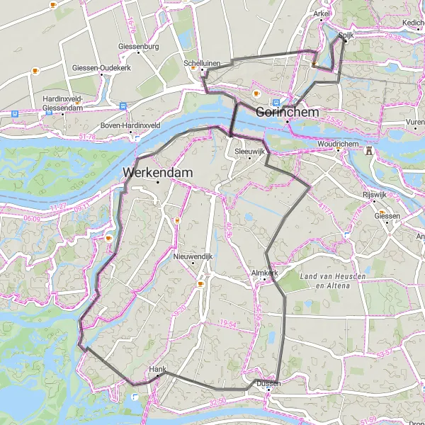 Miniatuurkaart van de fietsinspiratie "Fietsen langs Vesting Gorinchem en Kasteel Dussen" in Zuid-Holland, Netherlands. Gemaakt door de Tarmacs.app fietsrouteplanner