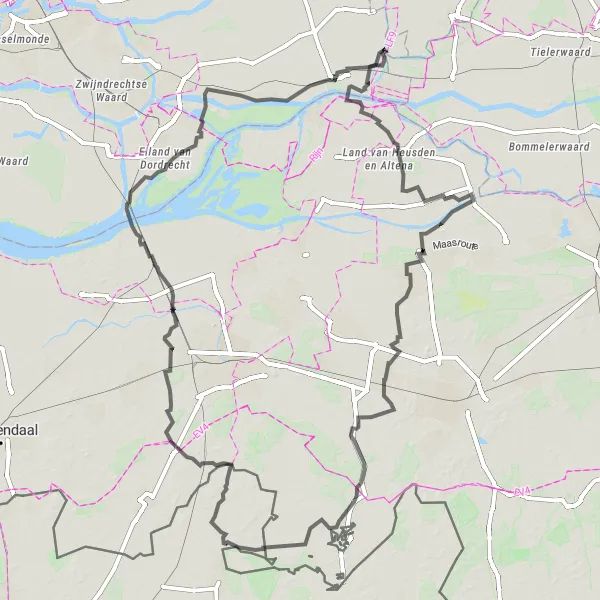 Map miniature of "Ride through Land van Heusden en Altena" cycling inspiration in Zuid-Holland, Netherlands. Generated by Tarmacs.app cycling route planner