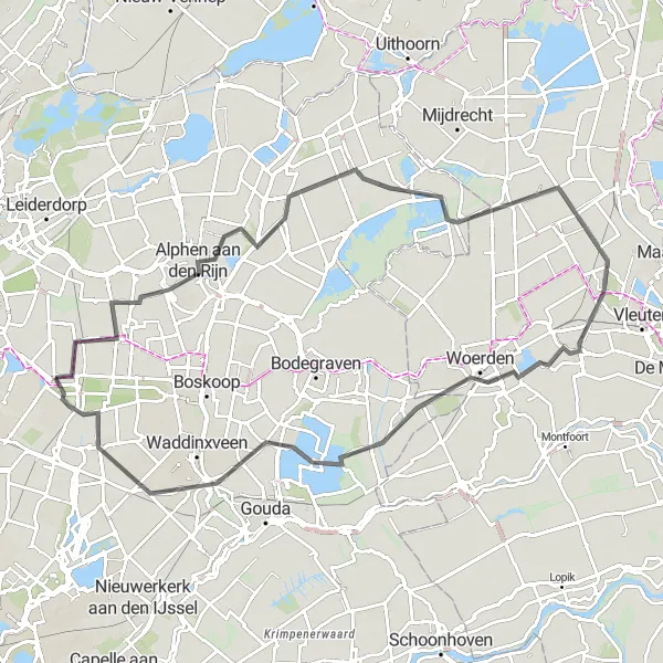 Map miniature of "The Challenging Loop Through Rural Landscapes" cycling inspiration in Zuid-Holland, Netherlands. Generated by Tarmacs.app cycling route planner