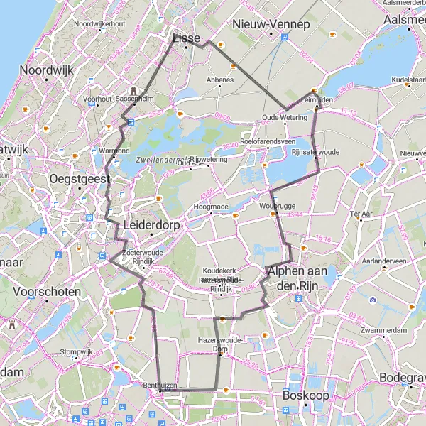 Miniatuurkaart van de fietsinspiratie "Historische route van Leiden naar Woubrugge" in Zuid-Holland, Netherlands. Gemaakt door de Tarmacs.app fietsrouteplanner