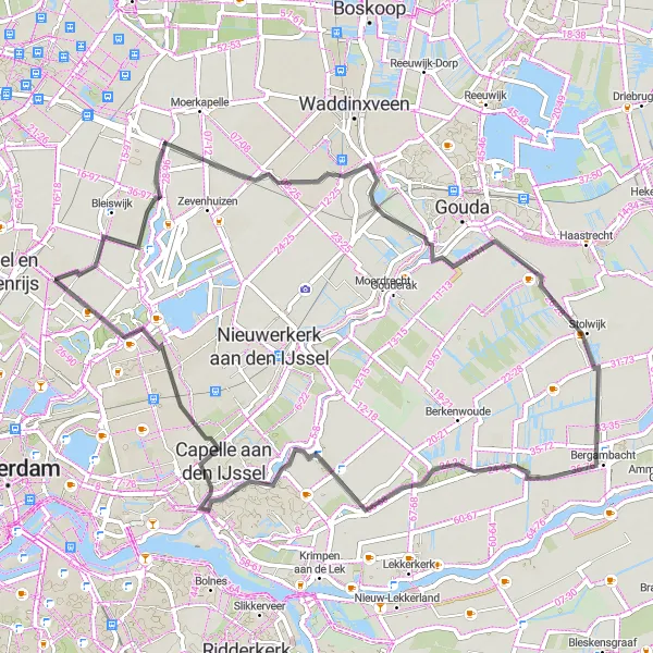 Map miniature of "Country Roads and Waterways" cycling inspiration in Zuid-Holland, Netherlands. Generated by Tarmacs.app cycling route planner