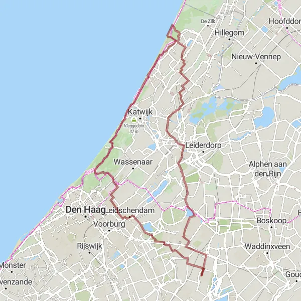 Map miniature of "Vogelkijkscherm - Leidschendam - Katwijk aan Zee - Berg van de postpaal - Noordwijkerhout - Zuidbuurt" cycling inspiration in Zuid-Holland, Netherlands. Generated by Tarmacs.app cycling route planner