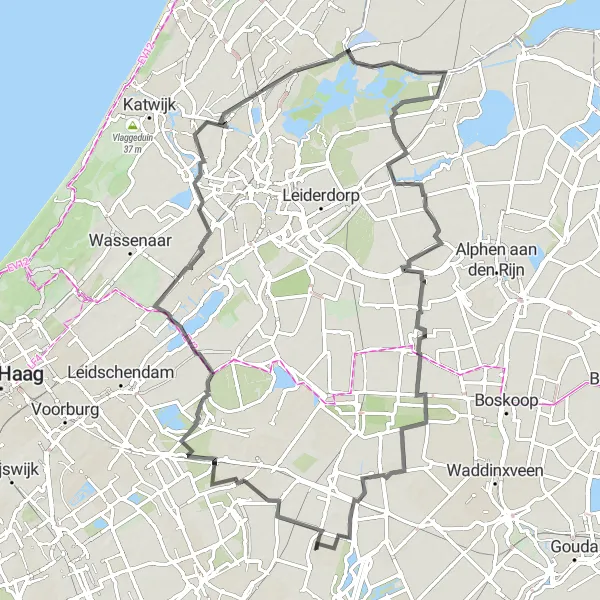 Map miniature of "Vogelkijkscherm - Ter Horst - Huigsloot - Hoogmade - Koudekerk aan den Rijn - Moerkapelle" cycling inspiration in Zuid-Holland, Netherlands. Generated by Tarmacs.app cycling route planner