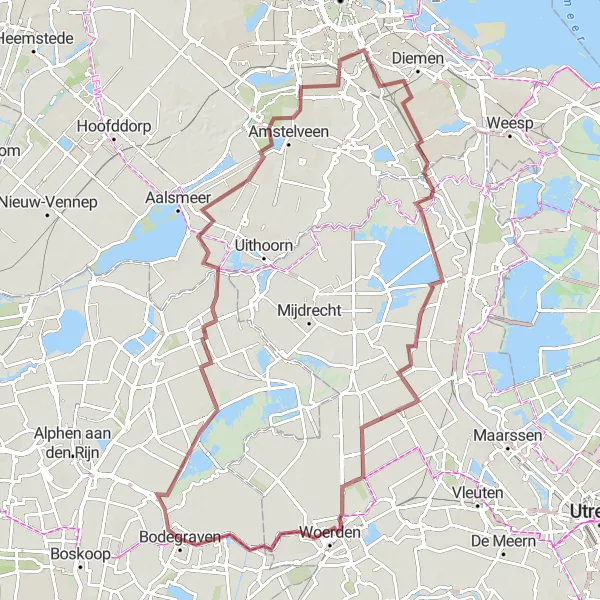 Miniatuurkaart van de fietsinspiratie "Gravelroute Bodegraven en omgeving" in Zuid-Holland, Netherlands. Gemaakt door de Tarmacs.app fietsrouteplanner