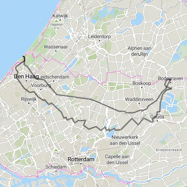 Map miniature of "Gouda and Pijnacker Cycling Adventure" cycling inspiration in Zuid-Holland, Netherlands. Generated by Tarmacs.app cycling route planner