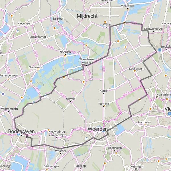 Map miniature of "Woerden and Bodegraven Circular Route" cycling inspiration in Zuid-Holland, Netherlands. Generated by Tarmacs.app cycling route planner