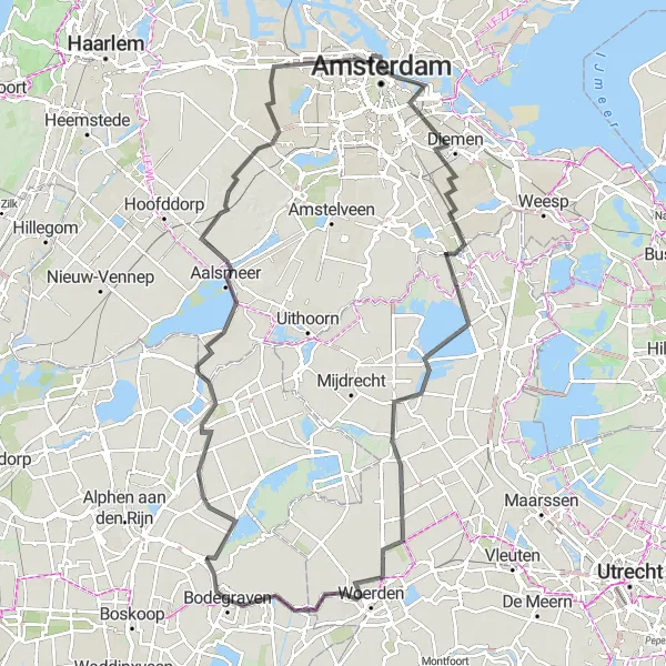 Map miniature of "Aalsmeer and Amsterdam Ride" cycling inspiration in Zuid-Holland, Netherlands. Generated by Tarmacs.app cycling route planner