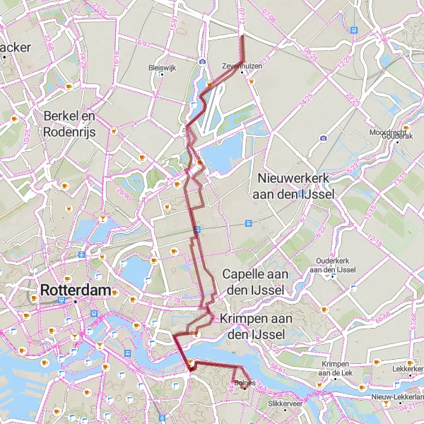 Miniatuurkaart van de fietsinspiratie "Avontuurlijke graveltocht naar Zevenhuizen" in Zuid-Holland, Netherlands. Gemaakt door de Tarmacs.app fietsrouteplanner