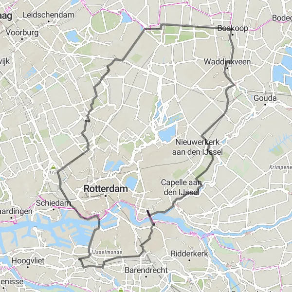 Map miniature of "The Rotterdam Escape" cycling inspiration in Zuid-Holland, Netherlands. Generated by Tarmacs.app cycling route planner