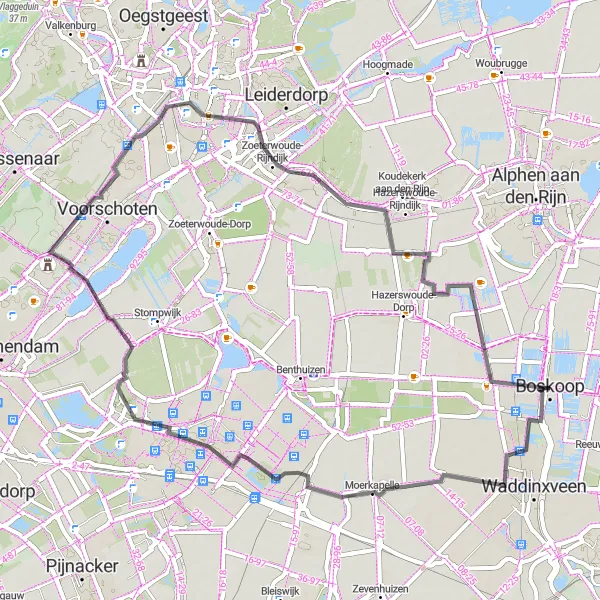 Miniatuurkaart van de fietsinspiratie "Fietsroute door Leiden en Hazerswoude-Rijndijk" in Zuid-Holland, Netherlands. Gemaakt door de Tarmacs.app fietsrouteplanner