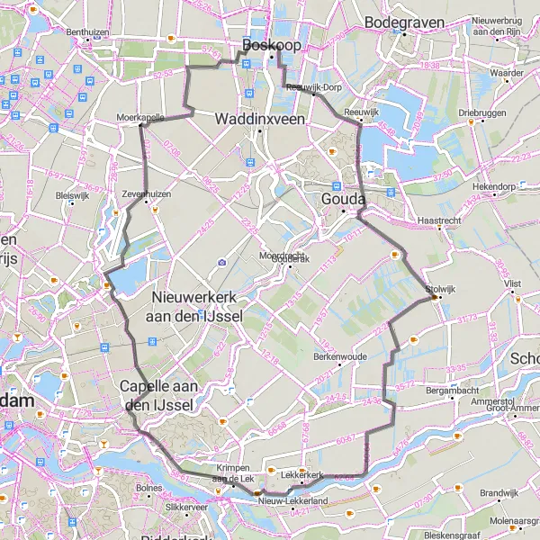 Miniatuurkaart van de fietsinspiratie "Historische Dorpen en Molens Route" in Zuid-Holland, Netherlands. Gemaakt door de Tarmacs.app fietsrouteplanner