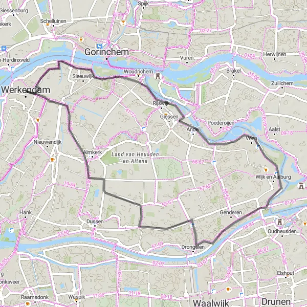 Miniatuurkaart van de fietsinspiratie "Korte rit naar Werkendam en terug" in Zuid-Holland, Netherlands. Gemaakt door de Tarmacs.app fietsrouteplanner