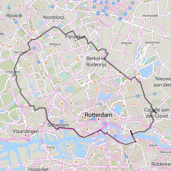Map miniature of "Scenic Road Route Around Rotterdam" cycling inspiration in Zuid-Holland, Netherlands. Generated by Tarmacs.app cycling route planner