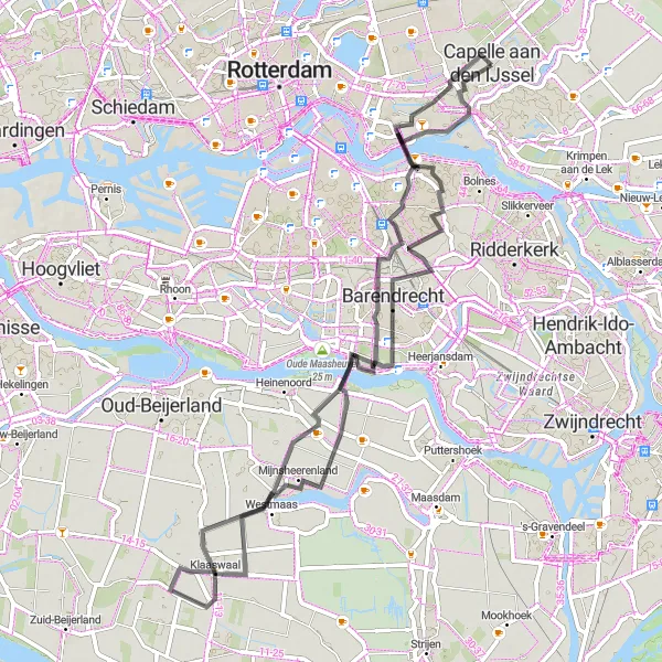 Map miniature of "IJsselmonde to Capelle aan den IJssel Loop" cycling inspiration in Zuid-Holland, Netherlands. Generated by Tarmacs.app cycling route planner