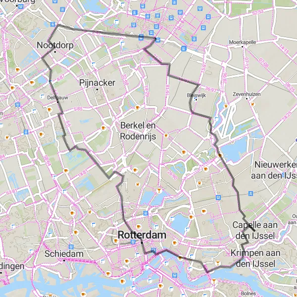 Map miniature of "Capelle aan den IJssel - Rotterdam - Delfgauw" cycling inspiration in Zuid-Holland, Netherlands. Generated by Tarmacs.app cycling route planner