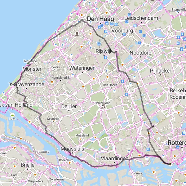 Miniatuurkaart van de fietsinspiratie "Wegfietsen door Schiedam en Maassluis" in Zuid-Holland, Netherlands. Gemaakt door de Tarmacs.app fietsrouteplanner