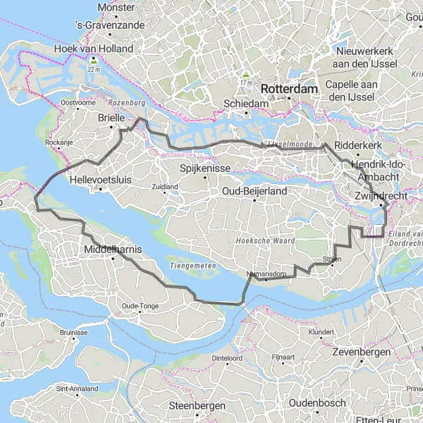 Map miniature of "Discovering Hoeksche Waard" cycling inspiration in Zuid-Holland, Netherlands. Generated by Tarmacs.app cycling route planner