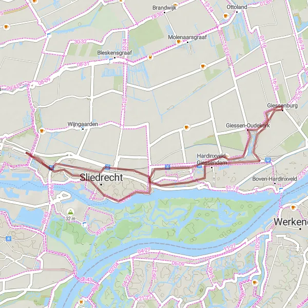 Map miniature of "Cycling through Hardinxveld-Giessendam, Sliedrecht, and Giessenburg" cycling inspiration in Zuid-Holland, Netherlands. Generated by Tarmacs.app cycling route planner
