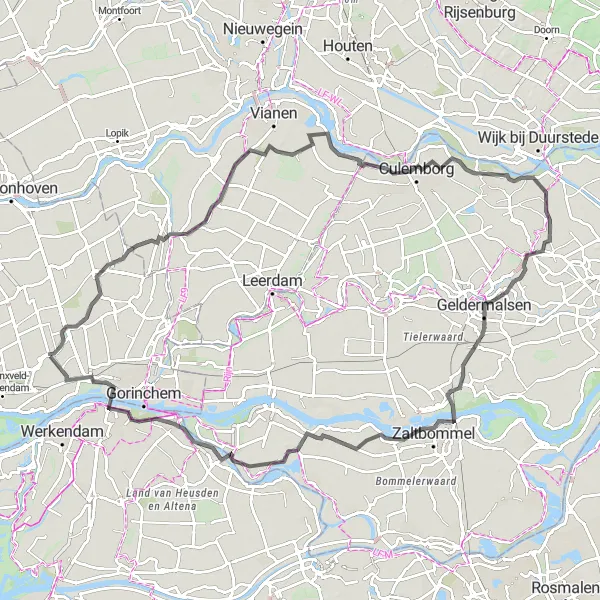 Miniatuurkaart van de fietsinspiratie "Fietsen door Nederslingeland en Geldermalsen" in Zuid-Holland, Netherlands. Gemaakt door de Tarmacs.app fietsrouteplanner