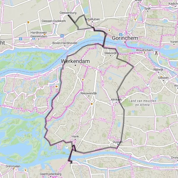 Miniatuurkaart van de fietsinspiratie "Verkenningstocht langs Almkerk en Werkendam" in Zuid-Holland, Netherlands. Gemaakt door de Tarmacs.app fietsrouteplanner