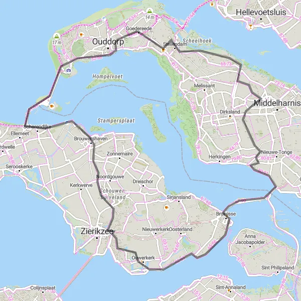 Miniatuurkaart van de fietsinspiratie "Bruinisse en Scharendijke Route" in Zuid-Holland, Netherlands. Gemaakt door de Tarmacs.app fietsrouteplanner