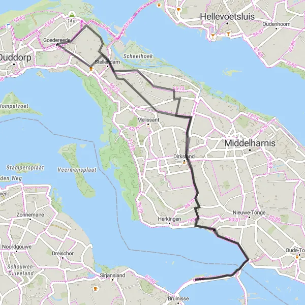 Miniatuurkaart van de fietsinspiratie "Goedereede en Dirksland Route" in Zuid-Holland, Netherlands. Gemaakt door de Tarmacs.app fietsrouteplanner