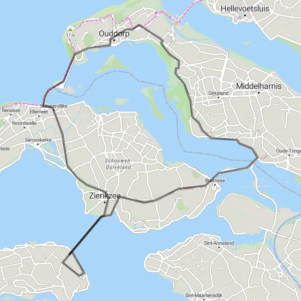 Map miniature of "Herkingen-Zierikzee Loop" cycling inspiration in Zuid-Holland, Netherlands. Generated by Tarmacs.app cycling route planner