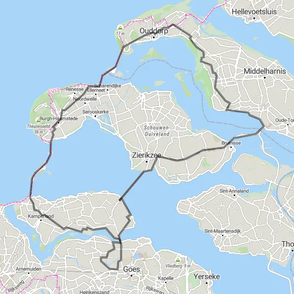 Miniatuurkaart van de fietsinspiratie "Avontuurlijke fietstocht langs Renesse en Kortgene" in Zuid-Holland, Netherlands. Gemaakt door de Tarmacs.app fietsrouteplanner