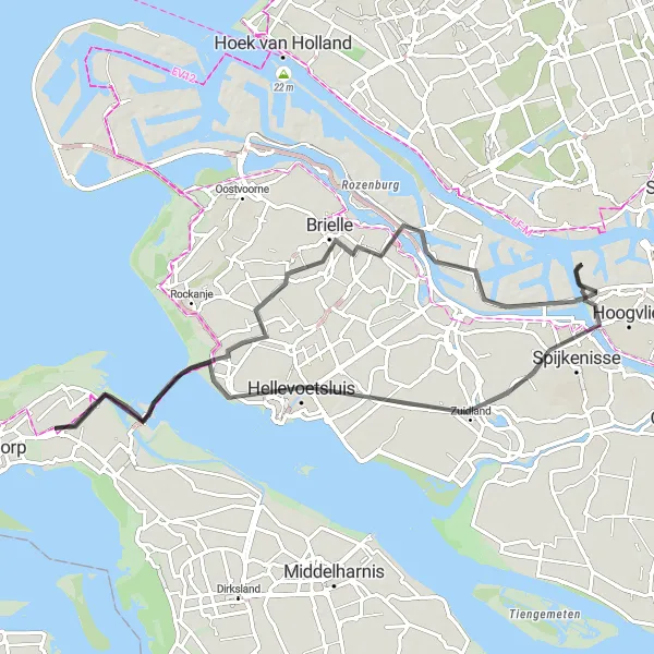 Map miniature of "Tinte-Hellevoetsluis Adventure" cycling inspiration in Zuid-Holland, Netherlands. Generated by Tarmacs.app cycling route planner