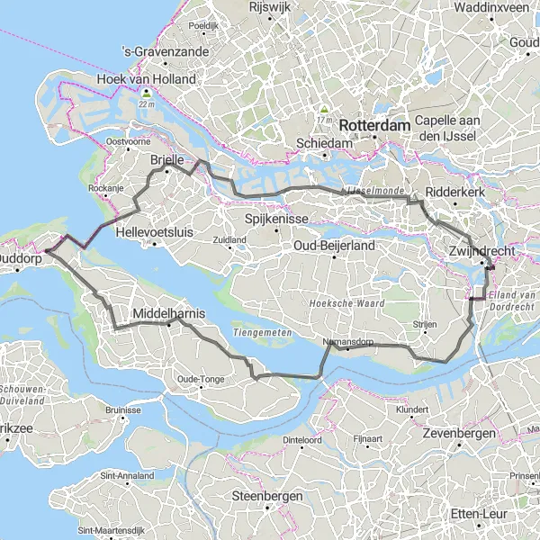 Miniatuurkaart van de fietsinspiratie "Fietsexcursie naar Middelharnis en Slikken van Flakkee" in Zuid-Holland, Netherlands. Gemaakt door de Tarmacs.app fietsrouteplanner