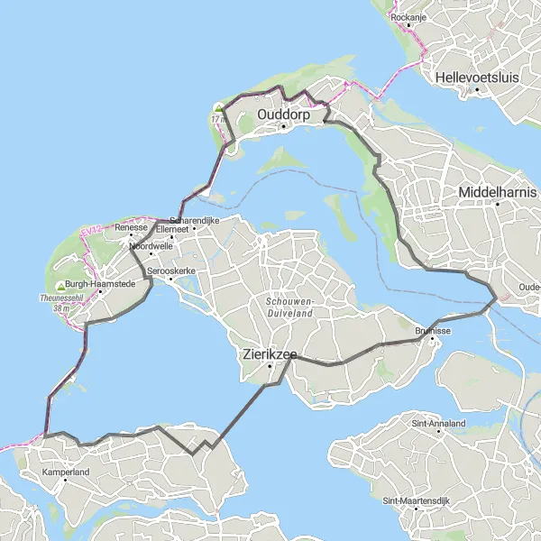 Map miniature of "Herkingen and Neeltje Jans" cycling inspiration in Zuid-Holland, Netherlands. Generated by Tarmacs.app cycling route planner