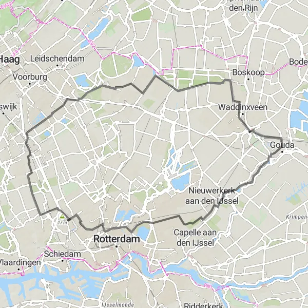 Map miniature of "Rotterdam and Delft Tour" cycling inspiration in Zuid-Holland, Netherlands. Generated by Tarmacs.app cycling route planner