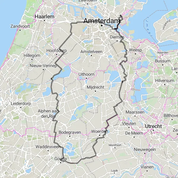 Miniatuurkaart van de fietsinspiratie "Uitdagende route door het landschap van Zuid-Holland" in Zuid-Holland, Netherlands. Gemaakt door de Tarmacs.app fietsrouteplanner