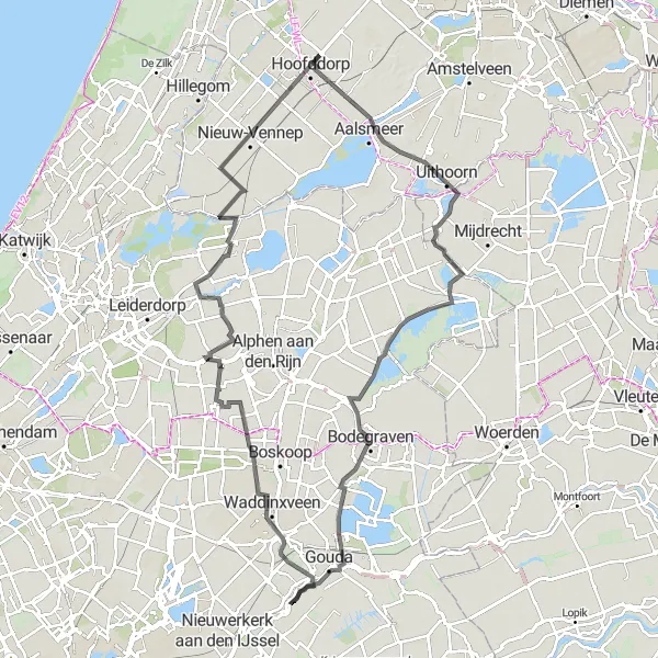 Miniatuurkaart van de fietsinspiratie "Hoogmade naar Rozenburg Route" in Zuid-Holland, Netherlands. Gemaakt door de Tarmacs.app fietsrouteplanner
