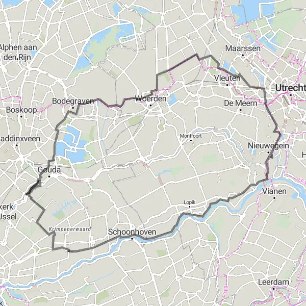 Map miniature of "Reeuwijk to Moordrecht Loop" cycling inspiration in Zuid-Holland, Netherlands. Generated by Tarmacs.app cycling route planner