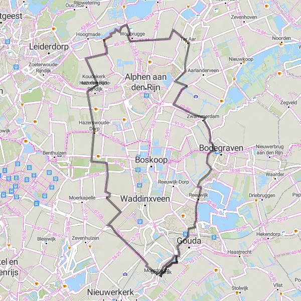 Miniatuurkaart van de fietsinspiratie "Moordrecht naar Broekhuizen Route" in Zuid-Holland, Netherlands. Gemaakt door de Tarmacs.app fietsrouteplanner