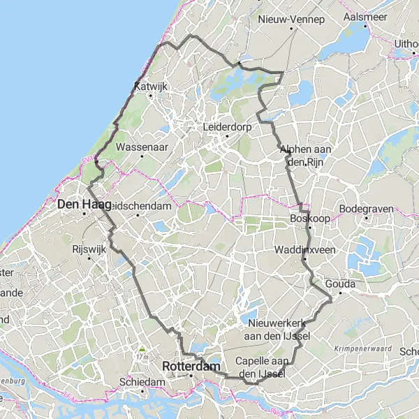Map miniature of "The Ultimate Challenge: Gouderak Extreme" cycling inspiration in Zuid-Holland, Netherlands. Generated by Tarmacs.app cycling route planner